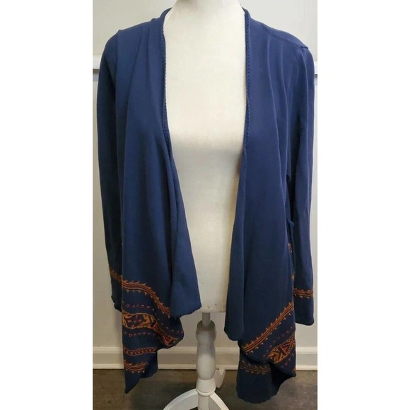 Vintage Lucky Brand Size Large Open Front Cardigan Aztec Boho Navy Duster - Picture 1 of 11